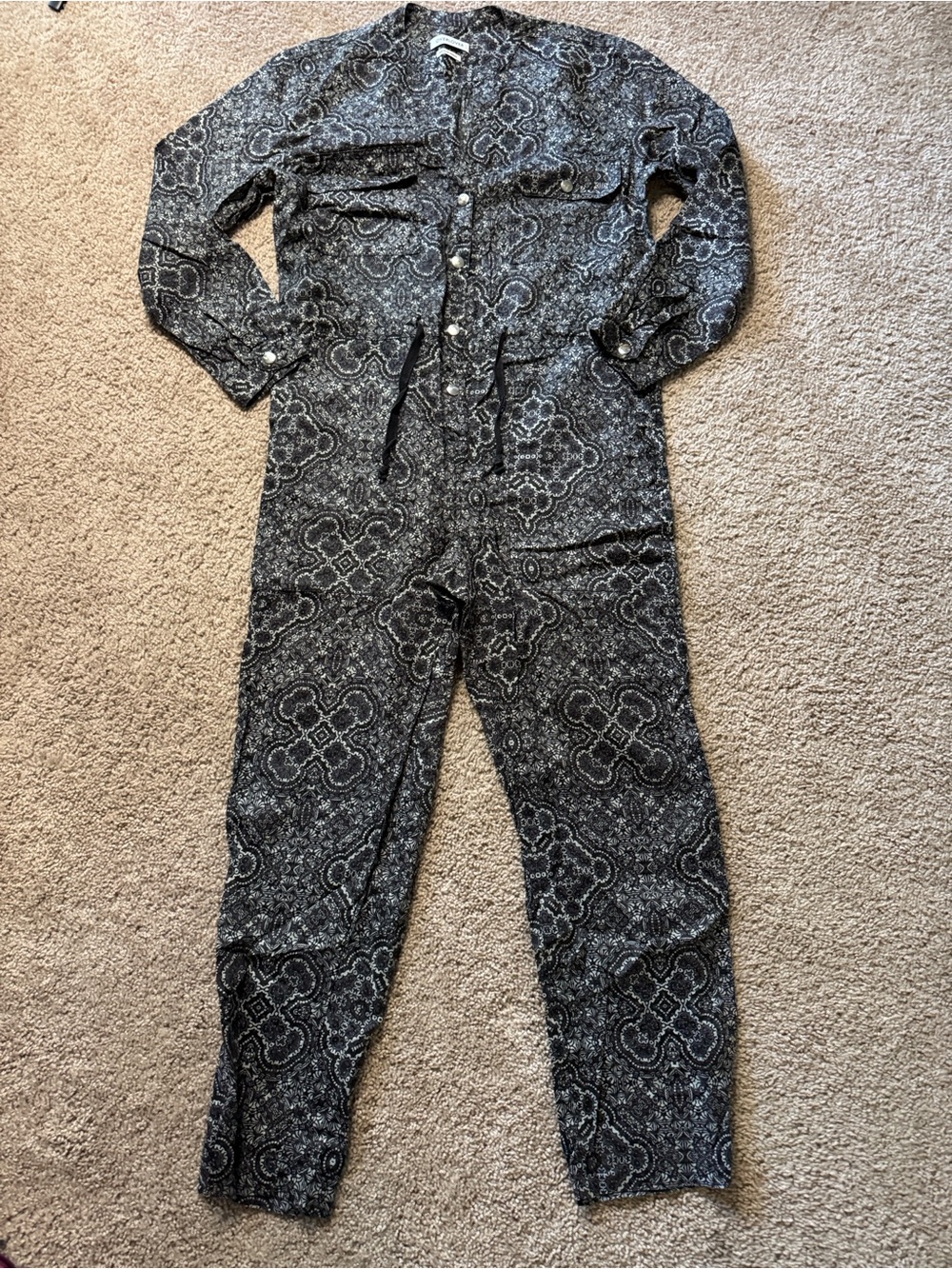 Black & White Patterned Long-Sleeve Jumpsuit